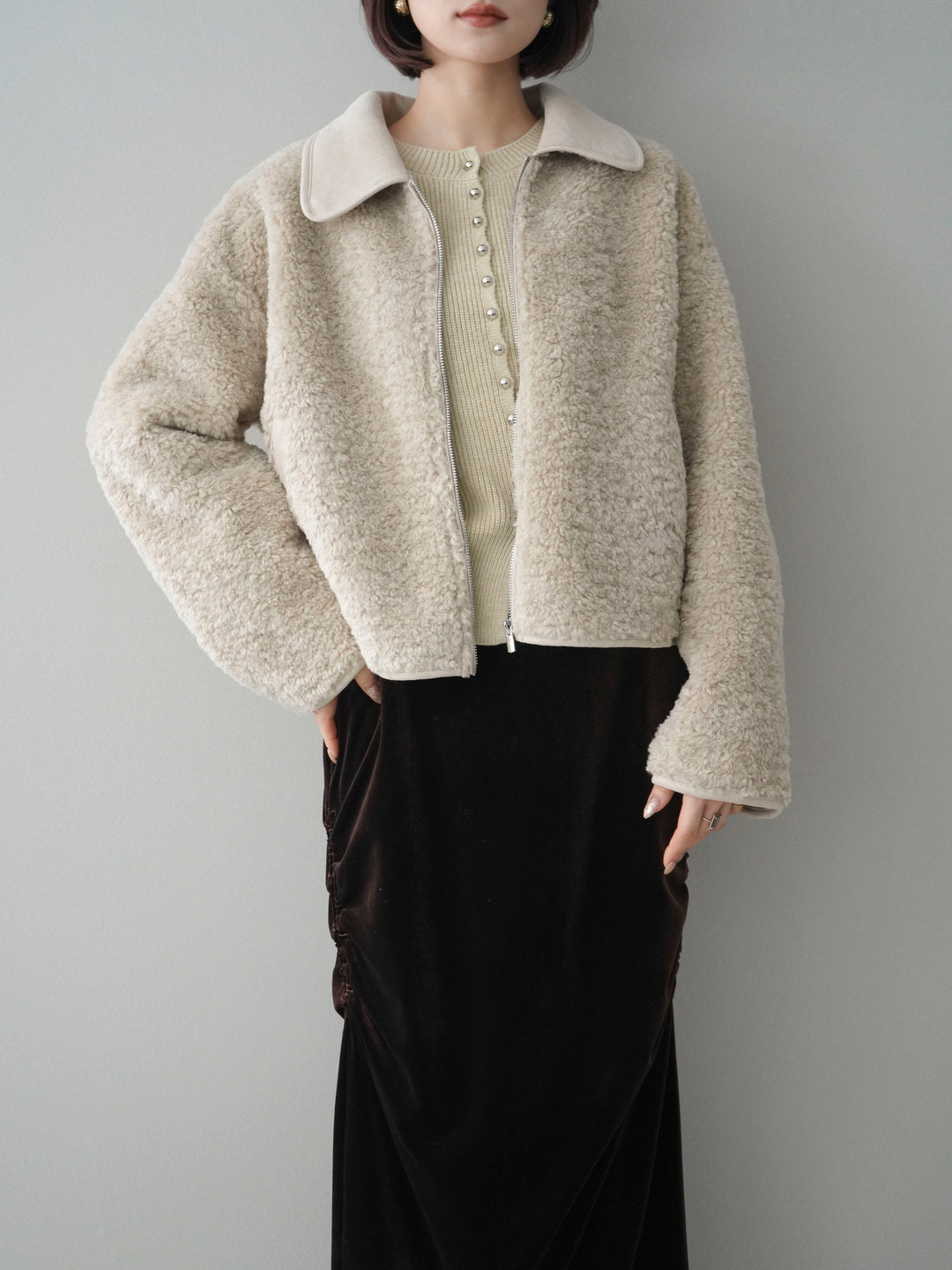 [予約]スエード襟ボアショートジャケット/beige