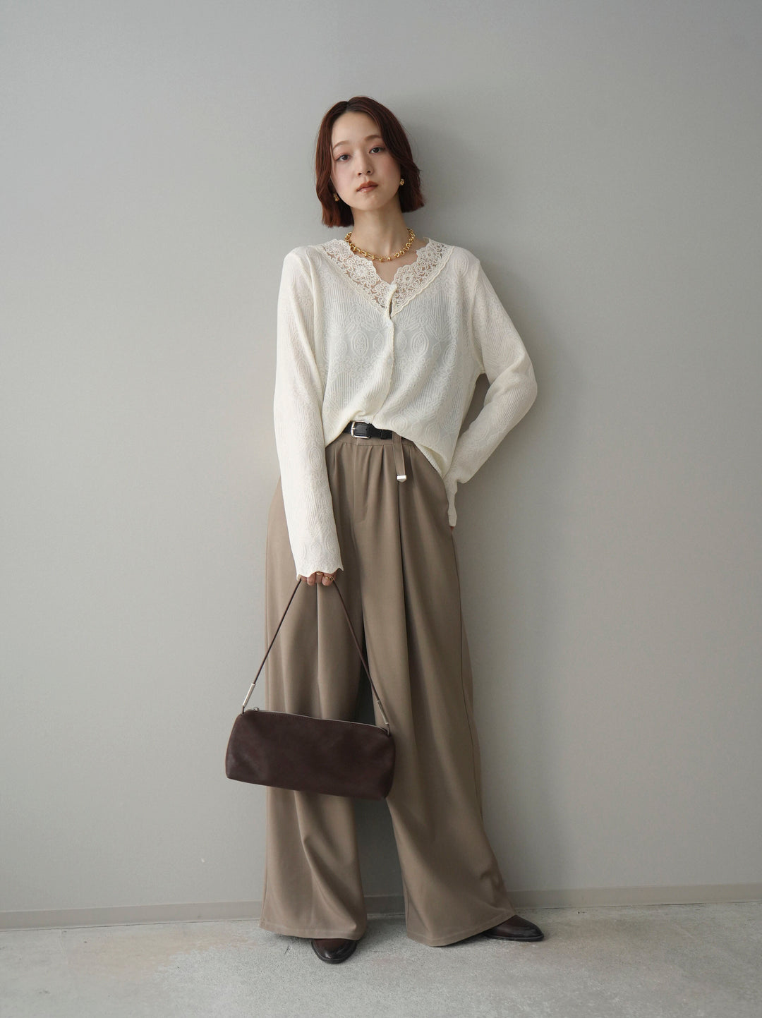 [SET]レースネックジャガードニットカーディガン+ベルト付キーホルダーモチーフワイドパンツ(2set)