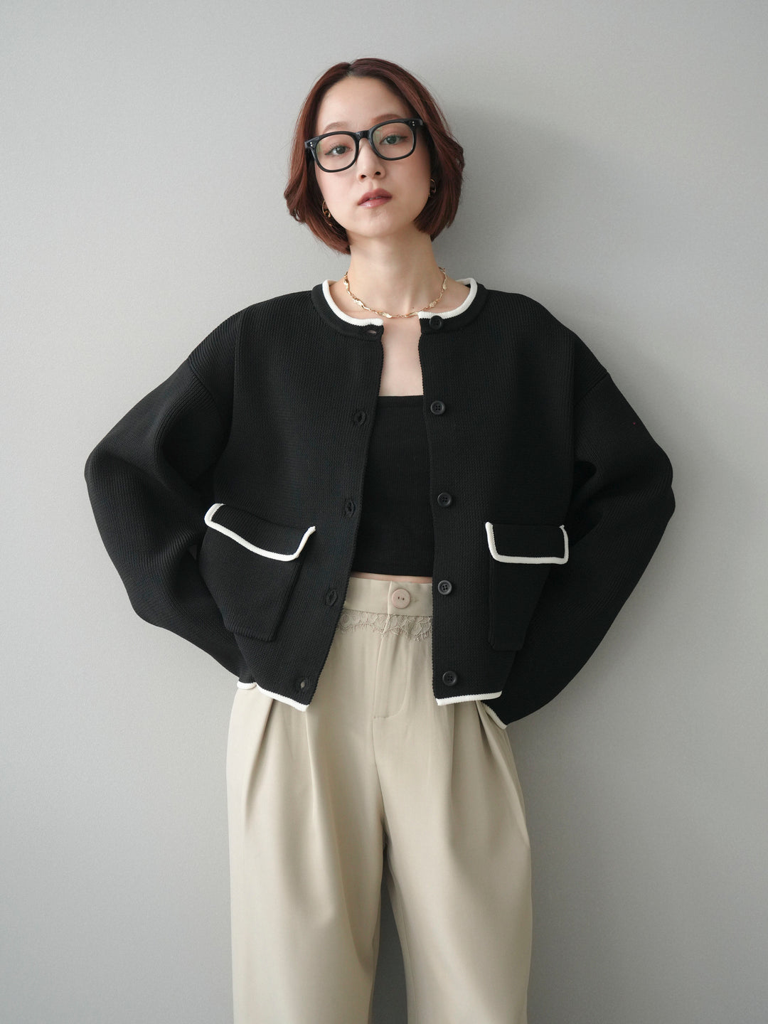 [SET]ポリエステル配色ニットカーディガン+ウエストレースタックワイドパンツ(2set)