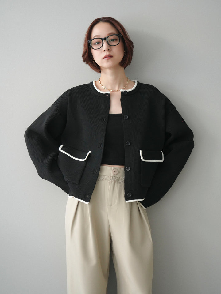 [SET]ポリエステル配色ニットカーディガン+ウエストレースタックワイドパンツ(2set)