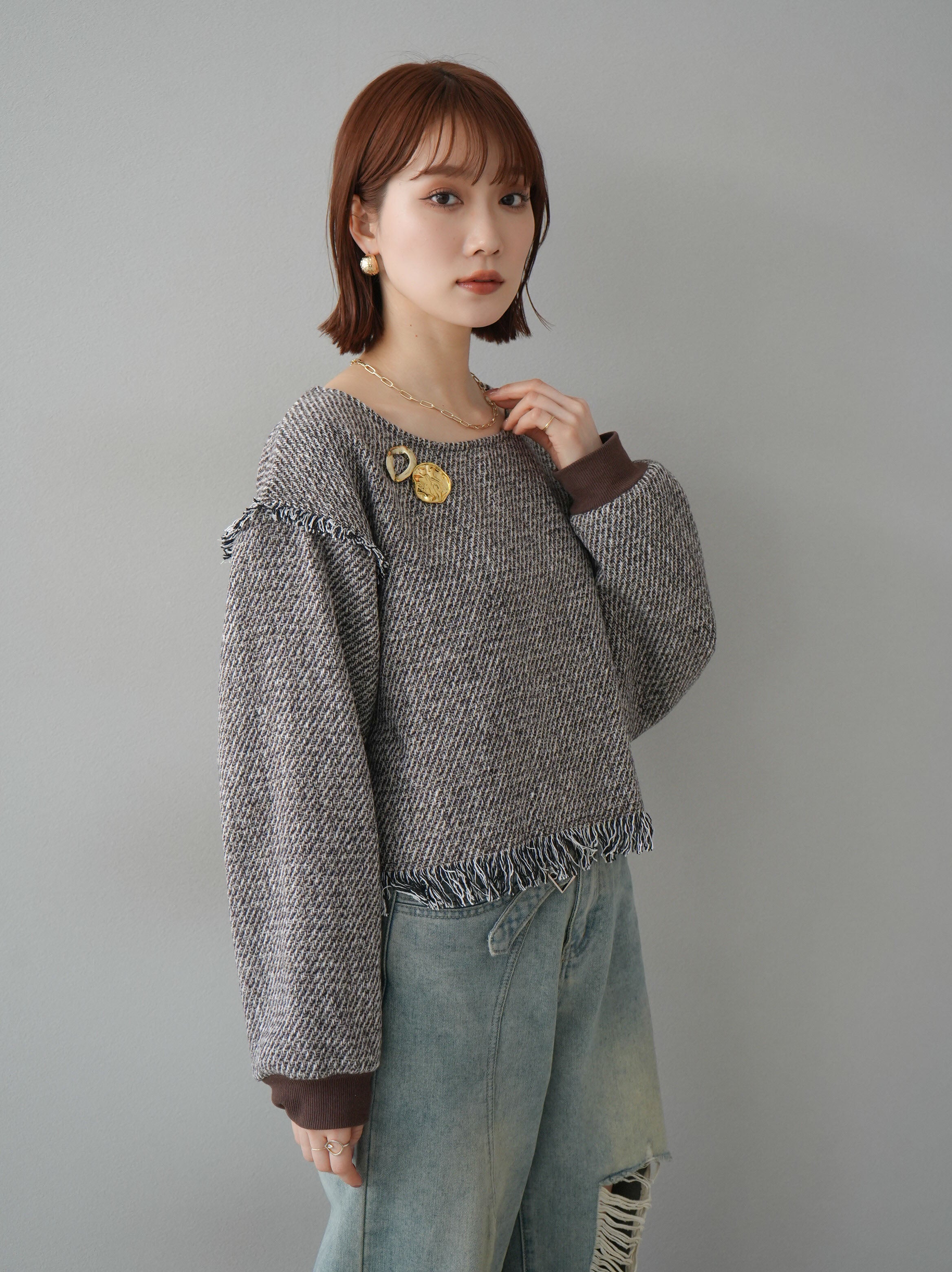 予約]ツイードフリンジプルオーバー/ブラウン – Lumier