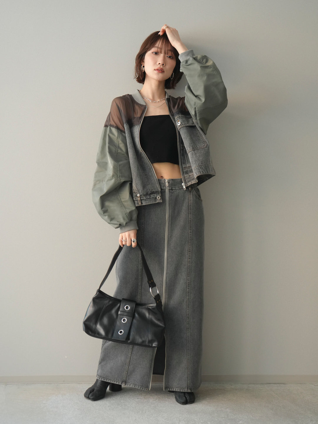 [SET]異素材デニムブルゾン+フロントジップデニムスカート(2set)