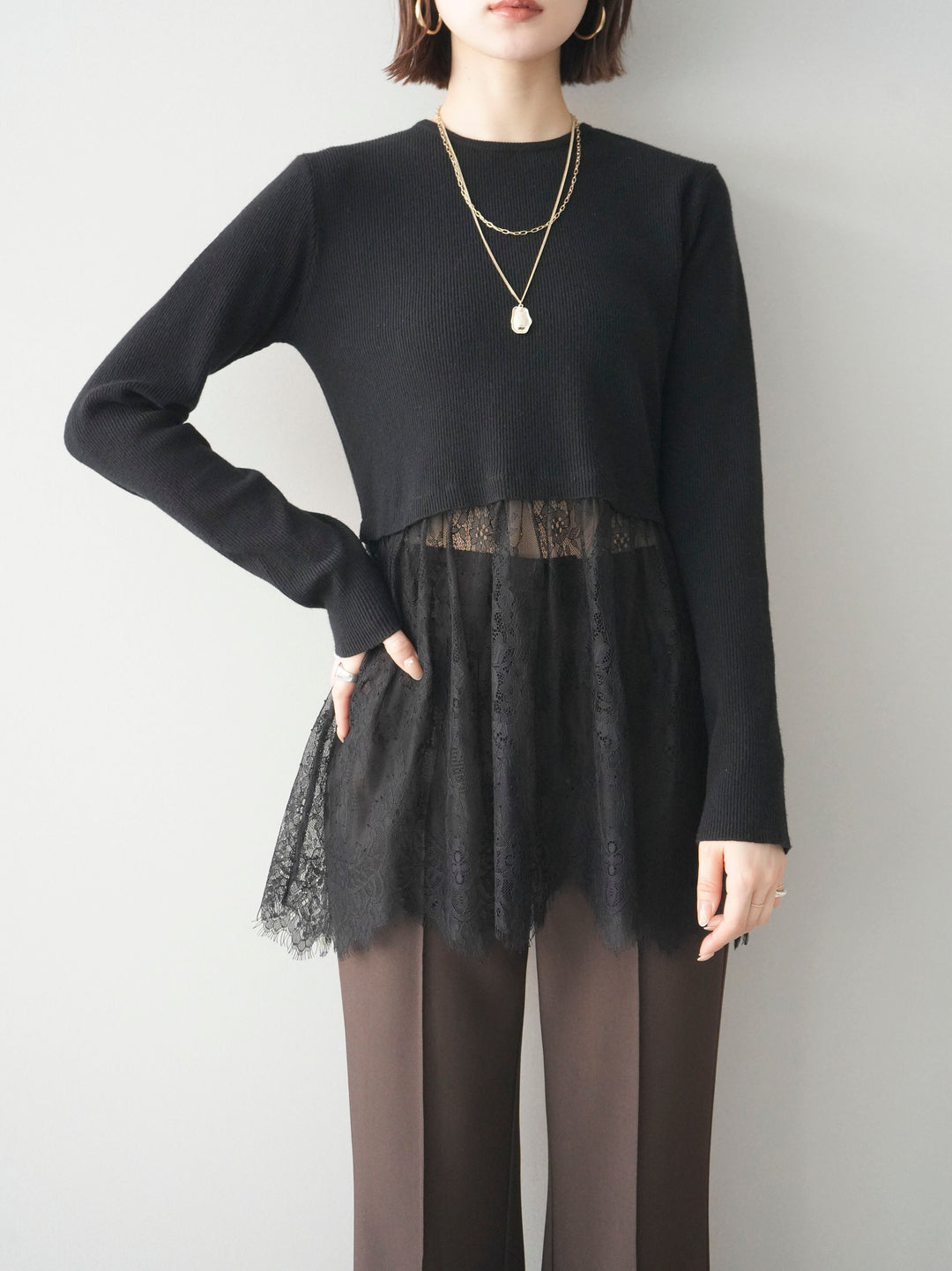 [予約]クルーネックレースドッキングリブニットトップス/black