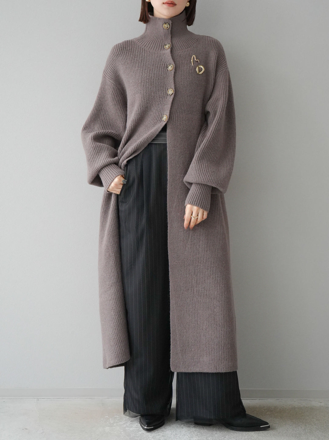 [予約]ハイネックニットロングカーディガン/モカ