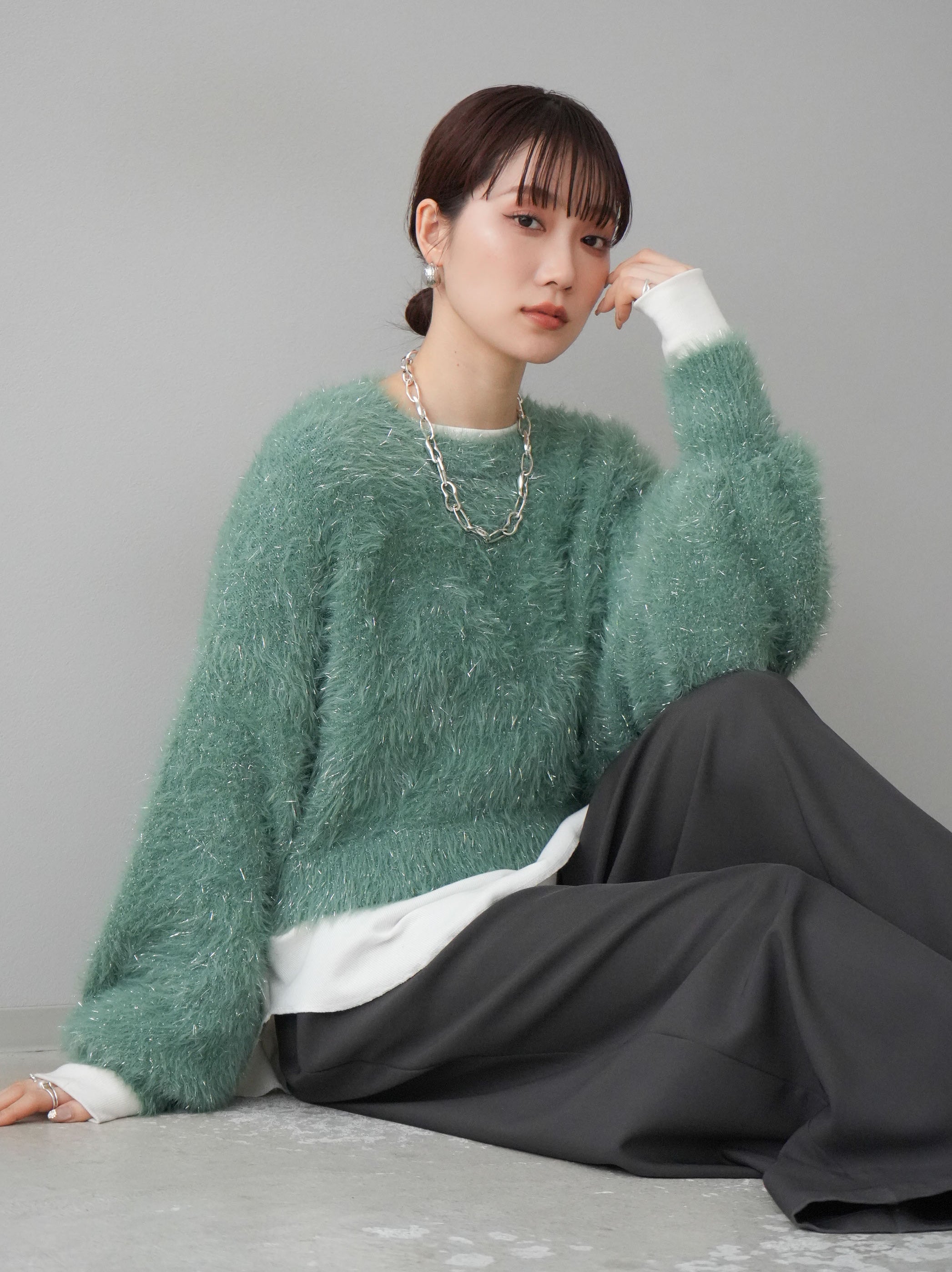 美品　UN3D. スクエアフラワーニット グリーン メッシュ ラメ リブ 美品 UN3D. スクエアフラワーニット グリーン メッシュ ラメ リブ