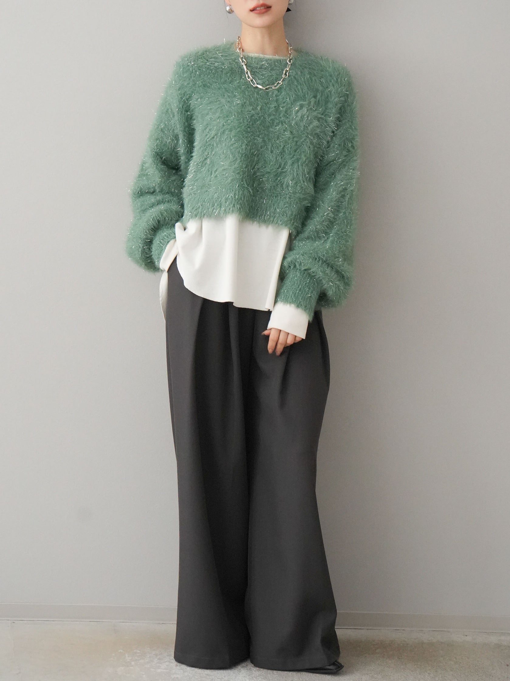 美品　UN3D. スクエアフラワーニット グリーン メッシュ ラメ リブ ❤︎美品❤︎UN3D. スクエアフラワーニット グリーン メッシュ ラメ