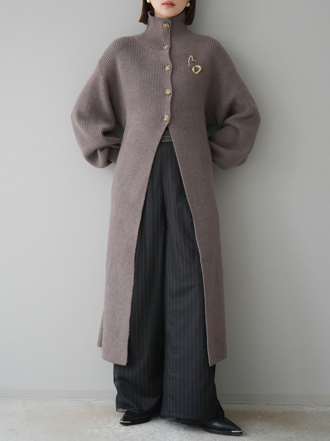 [予約]ハイネックニットロングカーディガン/モカ