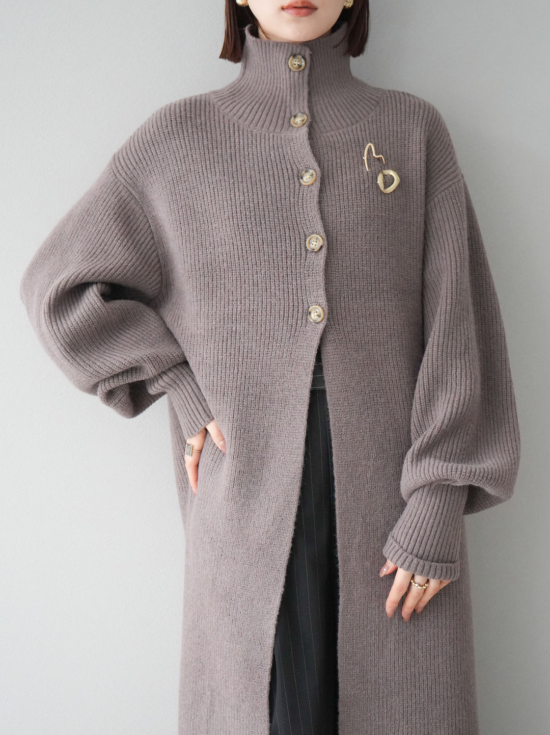 [予約]ハイネックニットロングカーディガン/モカ