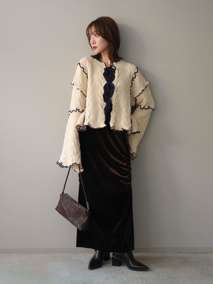 [SET]フロントリボン配色メローニットカーディガン+ギャザーベロアスカート(2set)