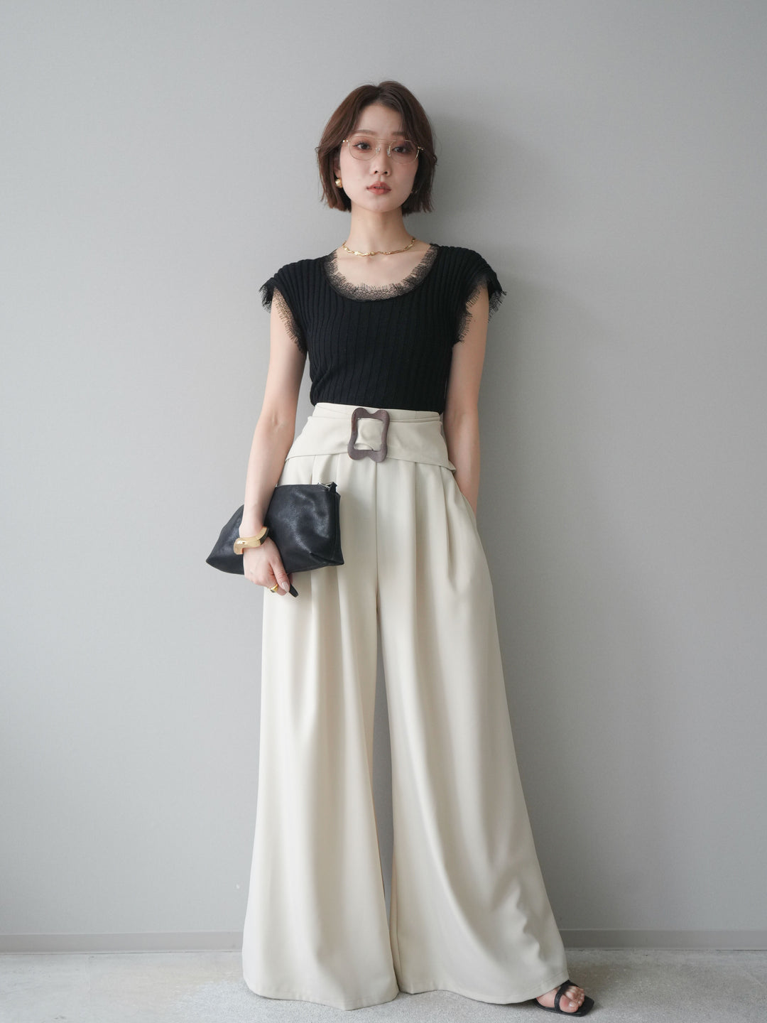 [予約]バックルポイントワイドパンツ/beige