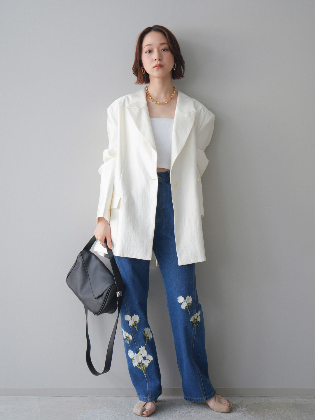 [予約]フラワー刺繍ストレートデニム/indigo