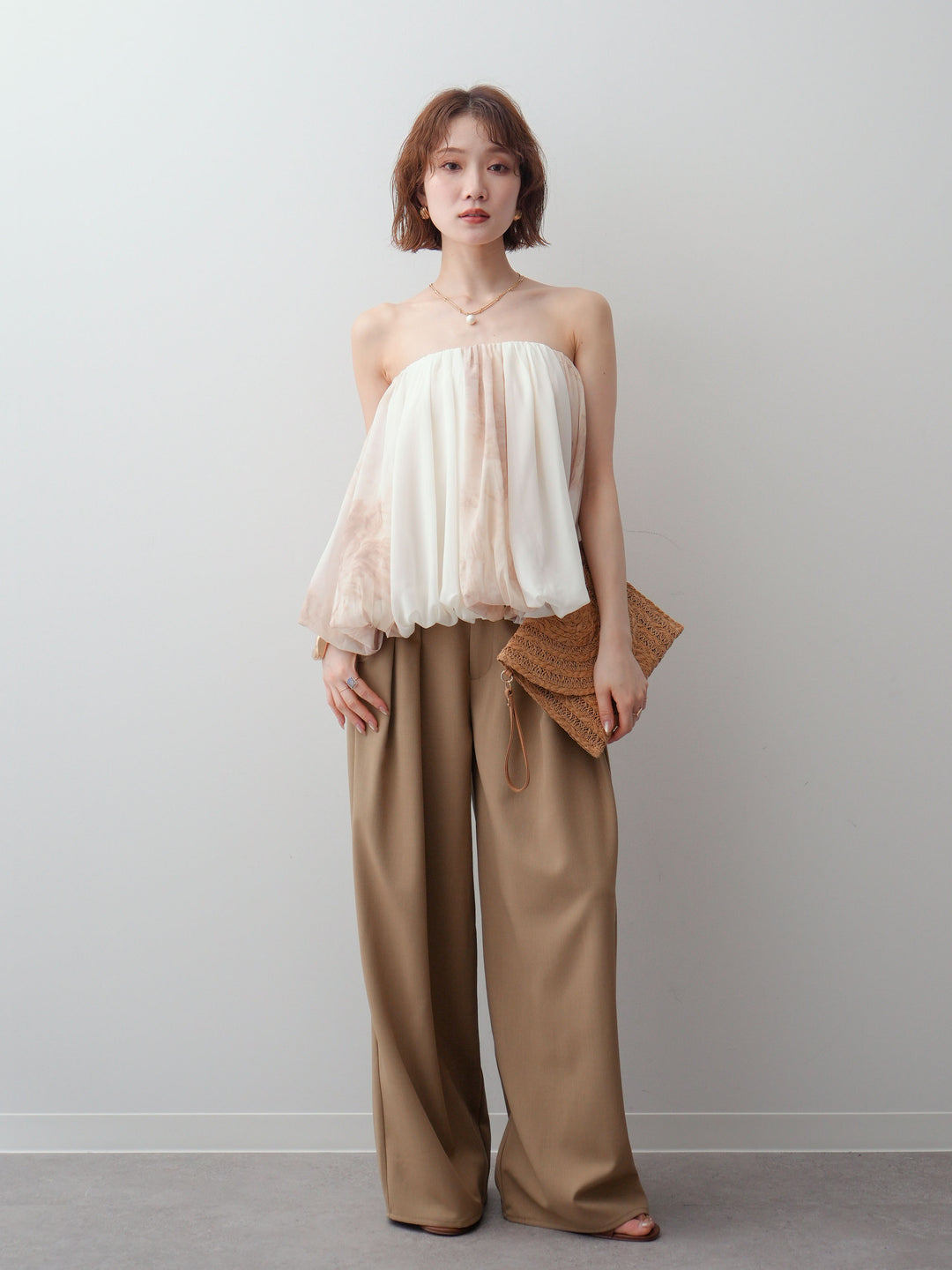 【預購】Crepe de Cin 褶皺寬褲 米色