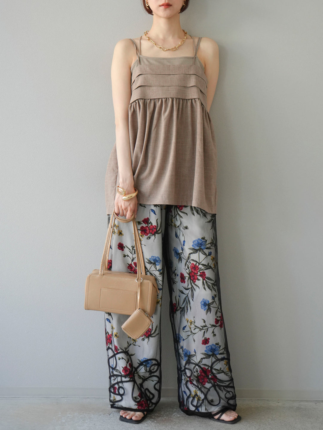 【預購】植物圖案休閒褲/米白色