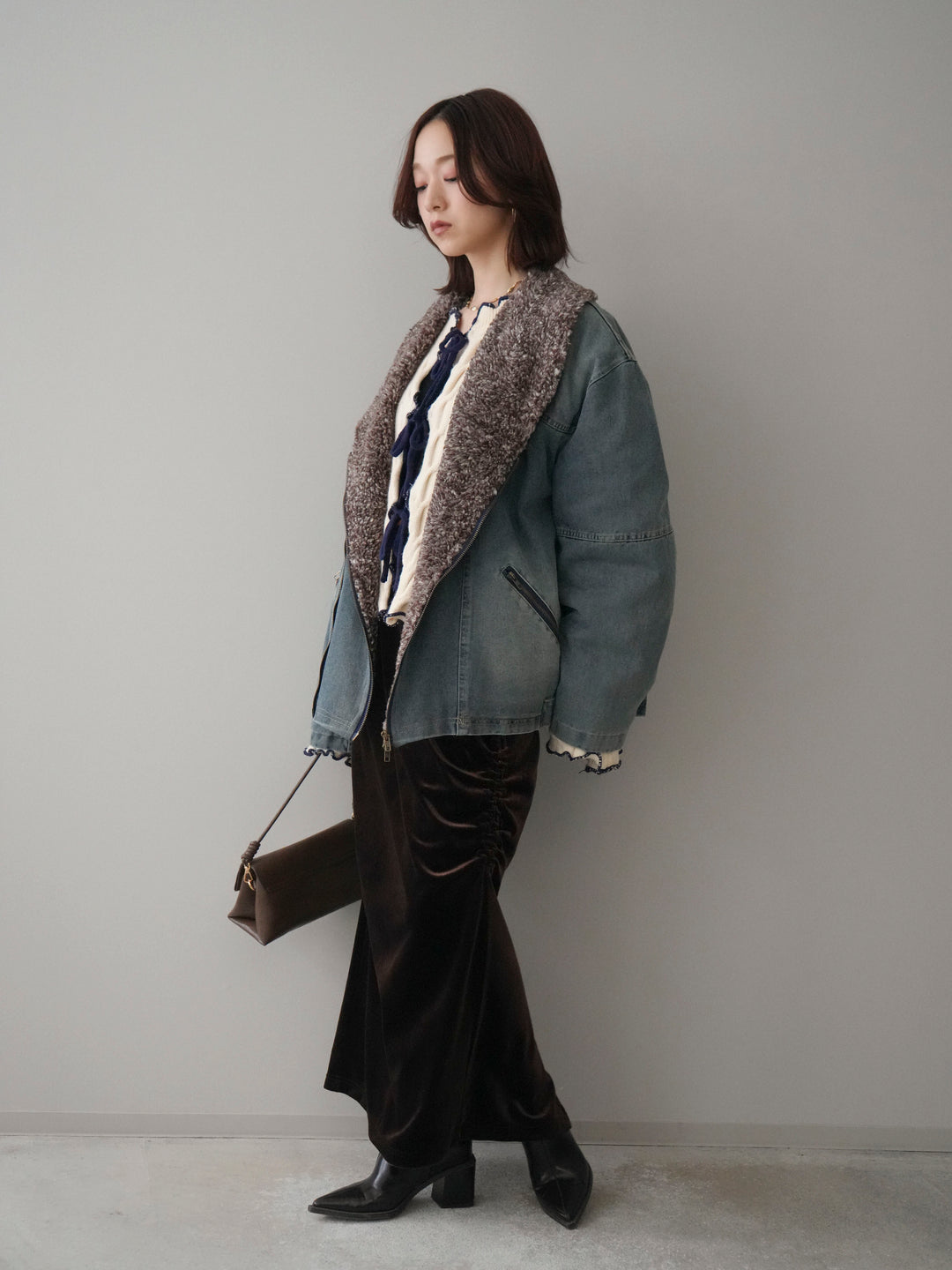 [SET]ミックスボアデニムジャケット+フロントリボン配色メローニットカーディガン+ギャザーベロアスカート(3set)