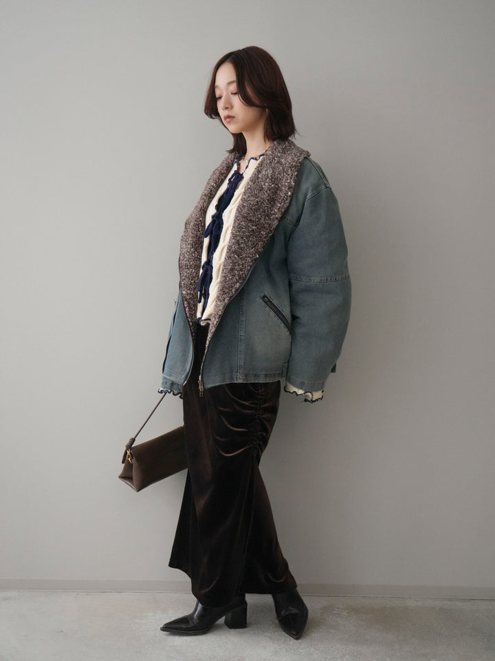 [SET]ミックスボアデニムジャケット+フロントリボン配色メローニットカーディガン+ギャザーベロアスカート(3set)