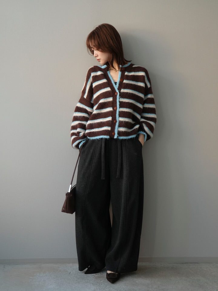 [SET]ウールタッチ配色ボーダーニットカーディガン+ウエストベルトカーブラインスエットパンツ(2set)