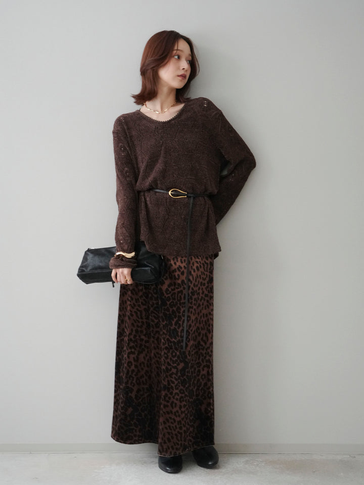 [SET]モール透かし編みニットトップス+レオパードベロアナロースカート(2set)