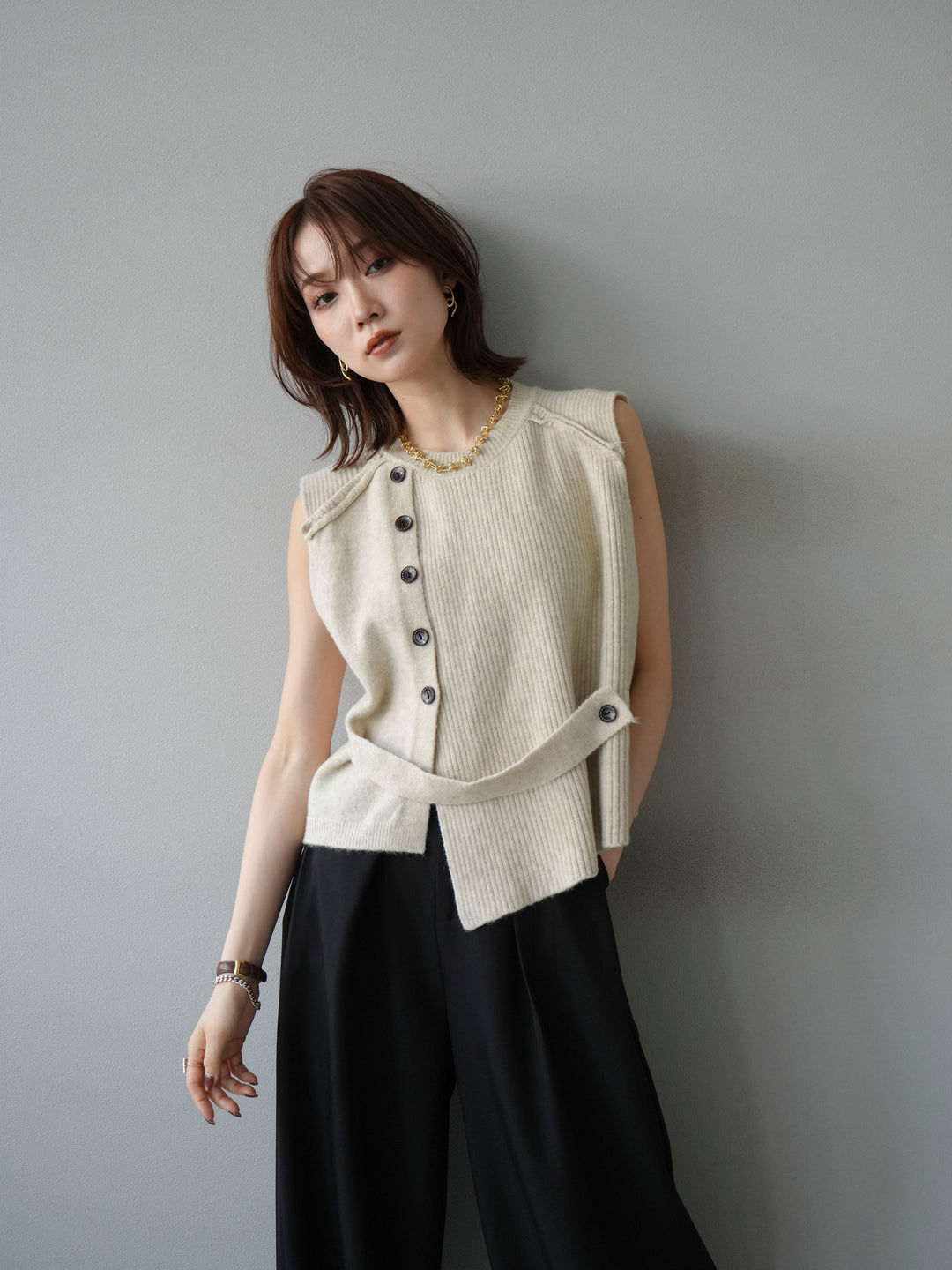 [4]レイヤードボタンニットベスト/オフホワイト