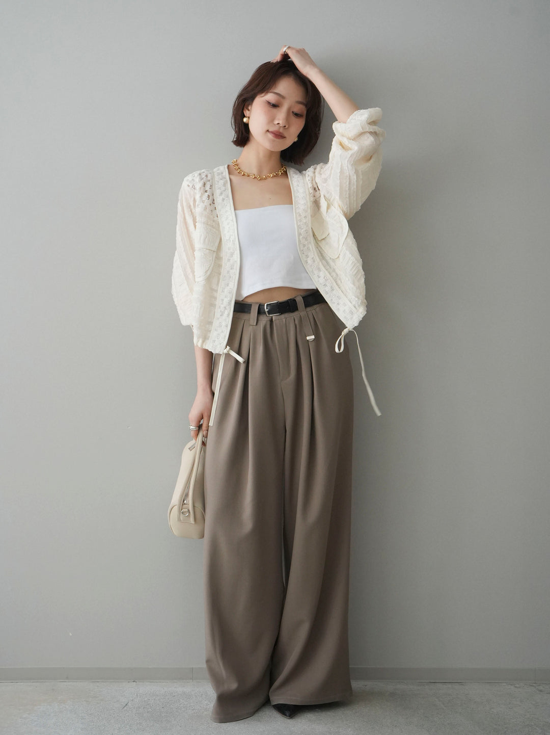 [SET]パッチワークシアーフリルブルゾン+ベルト付キーホルダーモチーフワイドパンツ(2set)