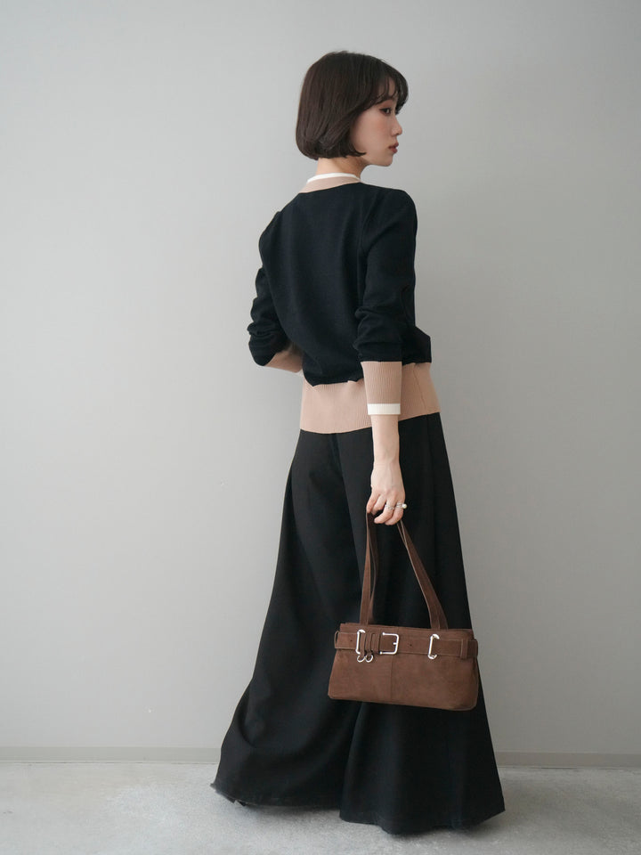 [SET]デザインボタン配色Vネックニットカーディガン+テープベルトタックバギーパンツ(2set)