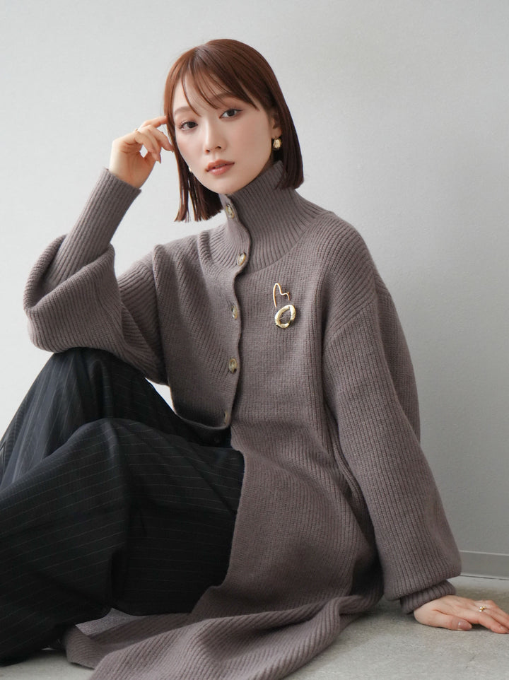 [予約]ハイネックニットロングカーディガン/モカ