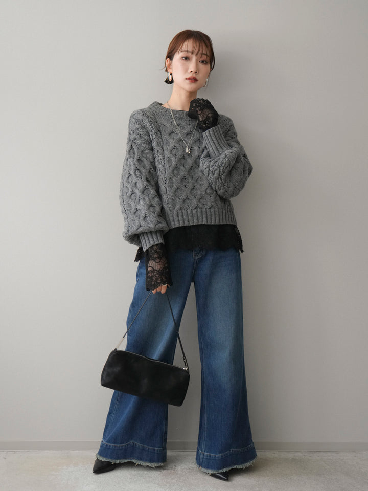 [SET]バルキーケーブルクロップドニットプルオーバー+裏起毛裾フリンジワイドデニムパンツ(2set)