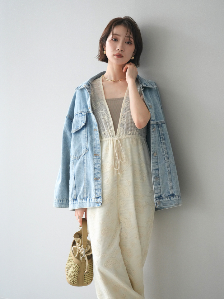 【套裝】蕾絲刺繡背帶褲+設計師款大口袋超大牛仔外套（兩件套）