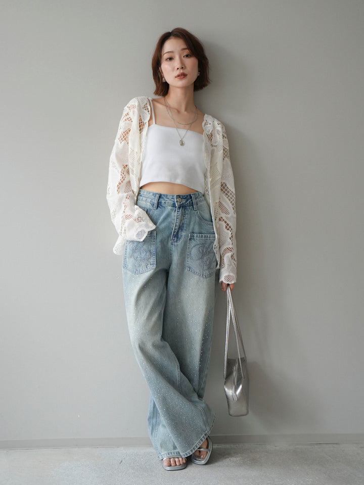 【套裝】3D蕾絲荷葉邊上衣+前口袋串珠闊腿牛仔褲（兩件套）