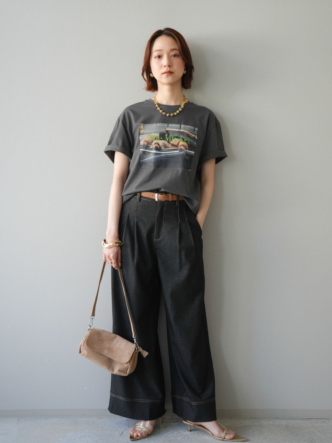 [予約]配色ステッチワイドタックパンツ/black　