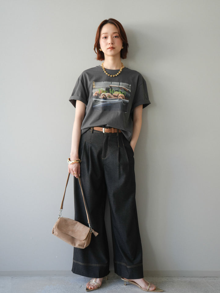 [予約]配色ステッチワイドタックパンツ/black　