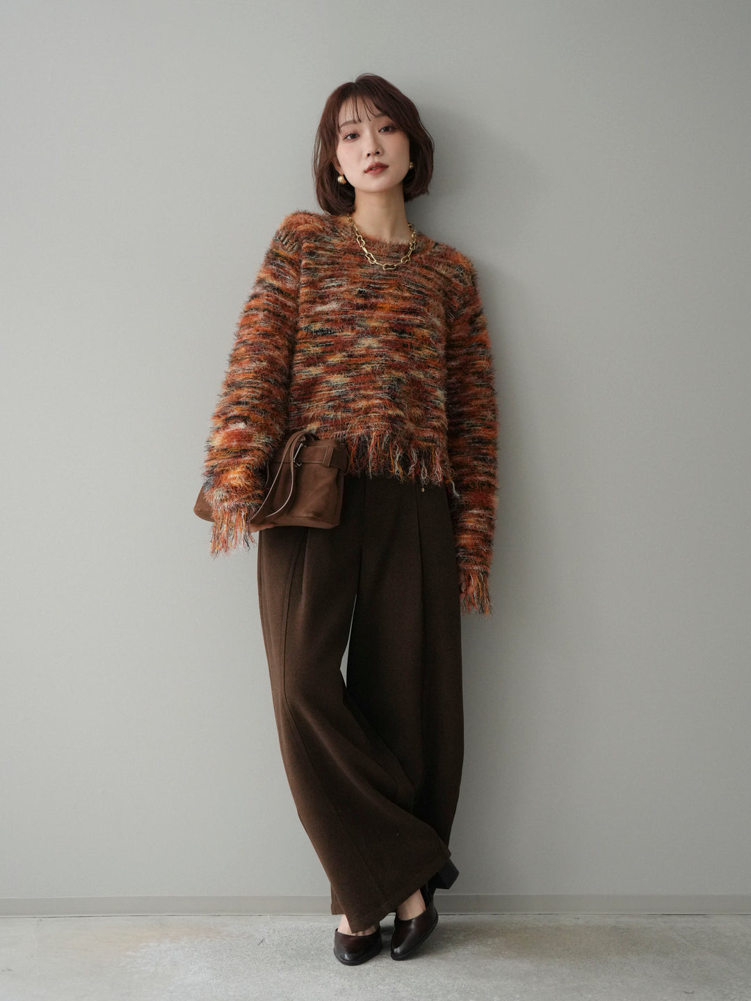 [SET]裾フリンジミックスヤーンシャギープルオーバー+ベルト付起毛コクーンパンツ(2set)