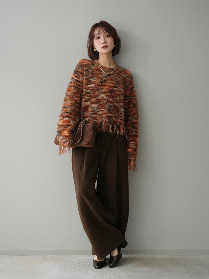[SET]裾フリンジミックスヤーンシャギープルオーバー+ベルト付起毛コクーンパンツ(2set)