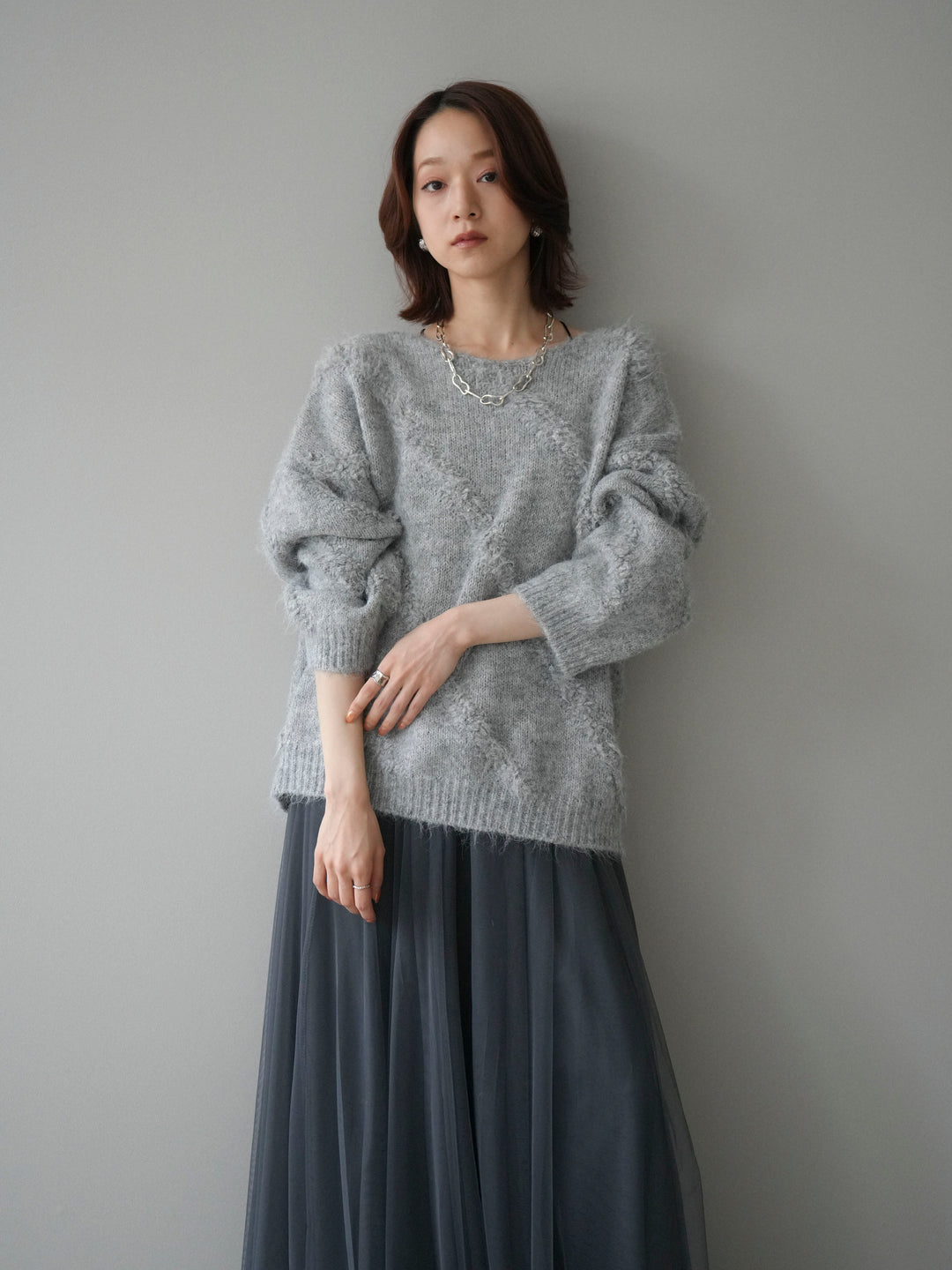 [予約]ブークレラインデザインニットプルオーバー/gray
