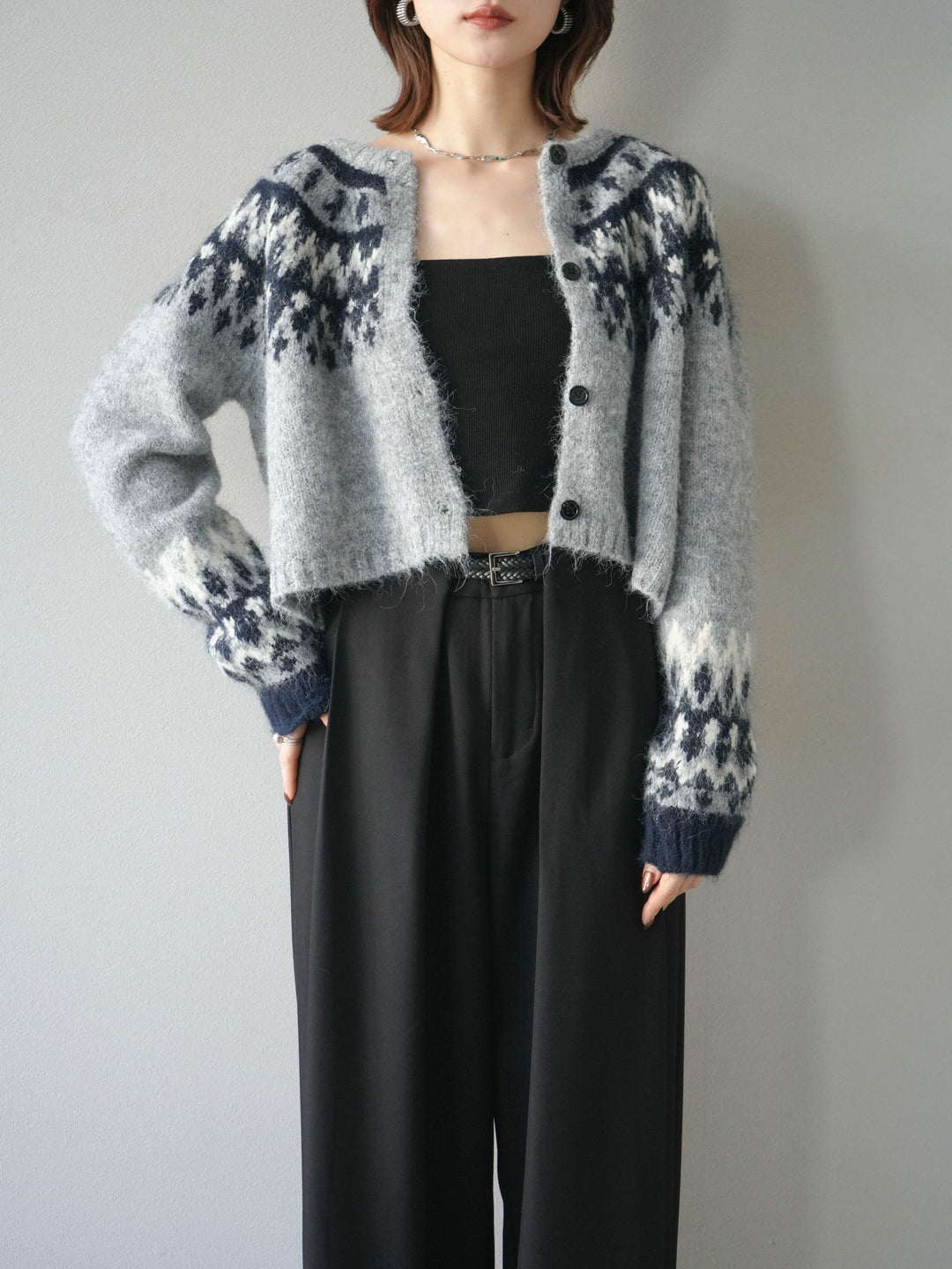 【着回しセット】[SET]求心柄クロップドニットカーディガン+ミックスヤーンペイズリー柄ニットカーディガン+ベルトループデザインワイドパンツ(3set)