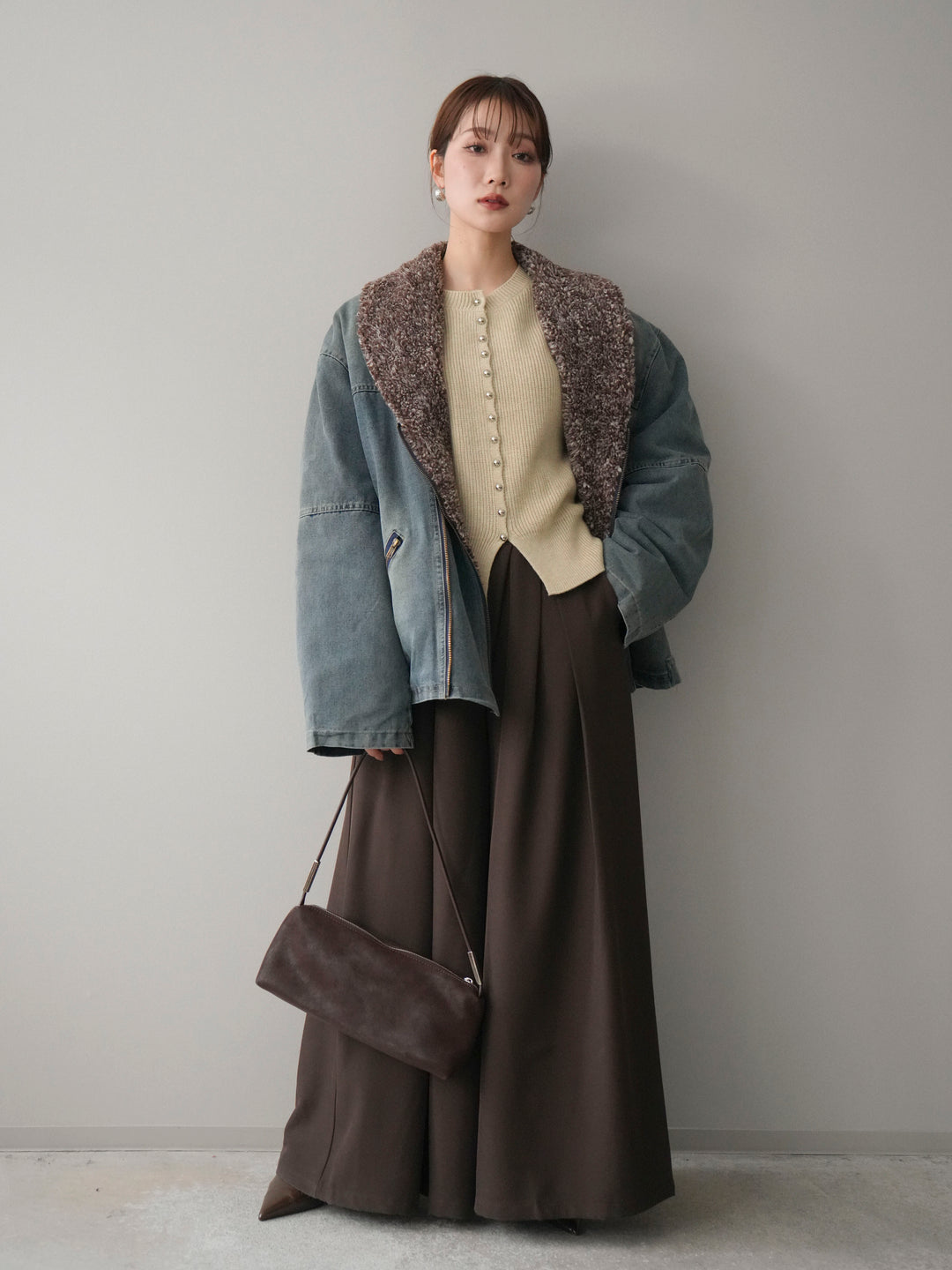 [SET]ミックスボアデニムジャケット+テープベルトタックバギーパンツ(2set)