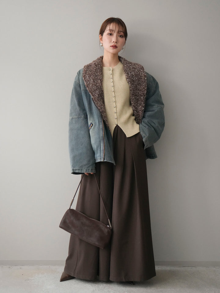 [SET]ミックスボアデニムジャケット+テープベルトタックバギーパンツ(2set)