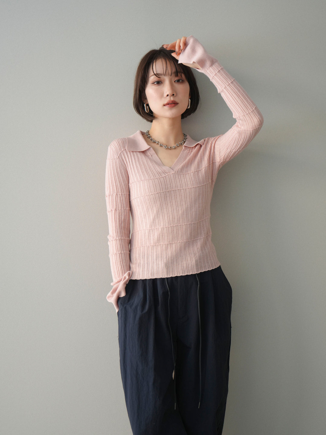 [予約]シアーリブスキッパーニットトップス/pink