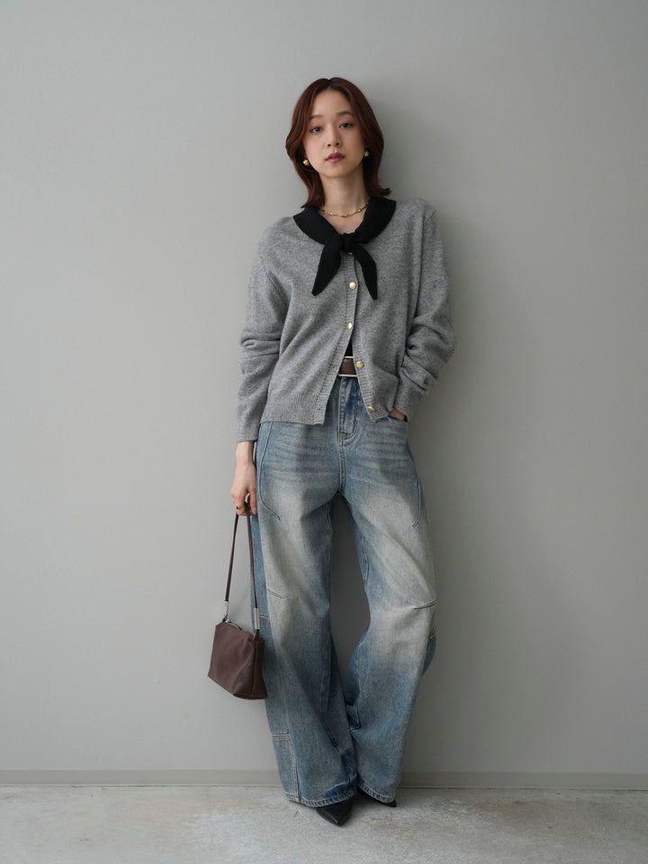 [予約]デザイン襟ニットカーディガン/gray