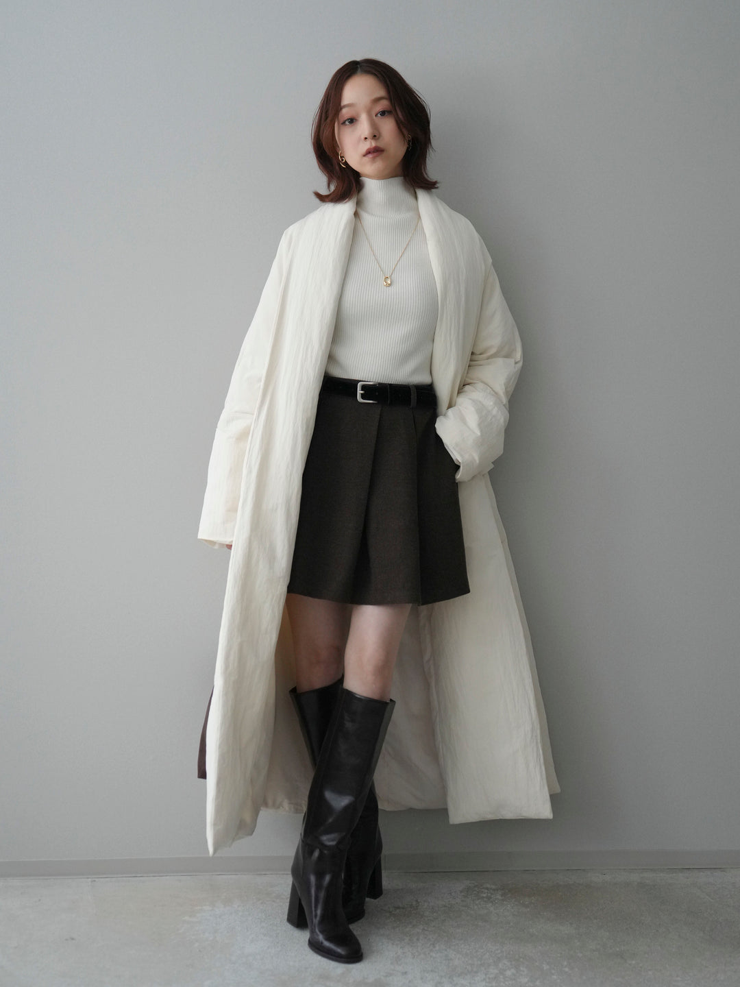 [SET]ロングダウンコート+ベルト付きタックミニスカート(2set)