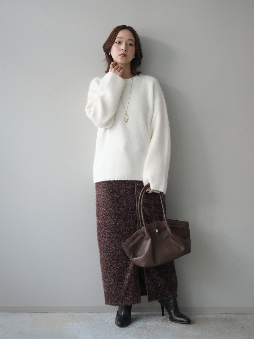 [SET]アンゴラタッチクルーネックニットプルオーバー+ラメシャギーフロントジップスカート(2set)