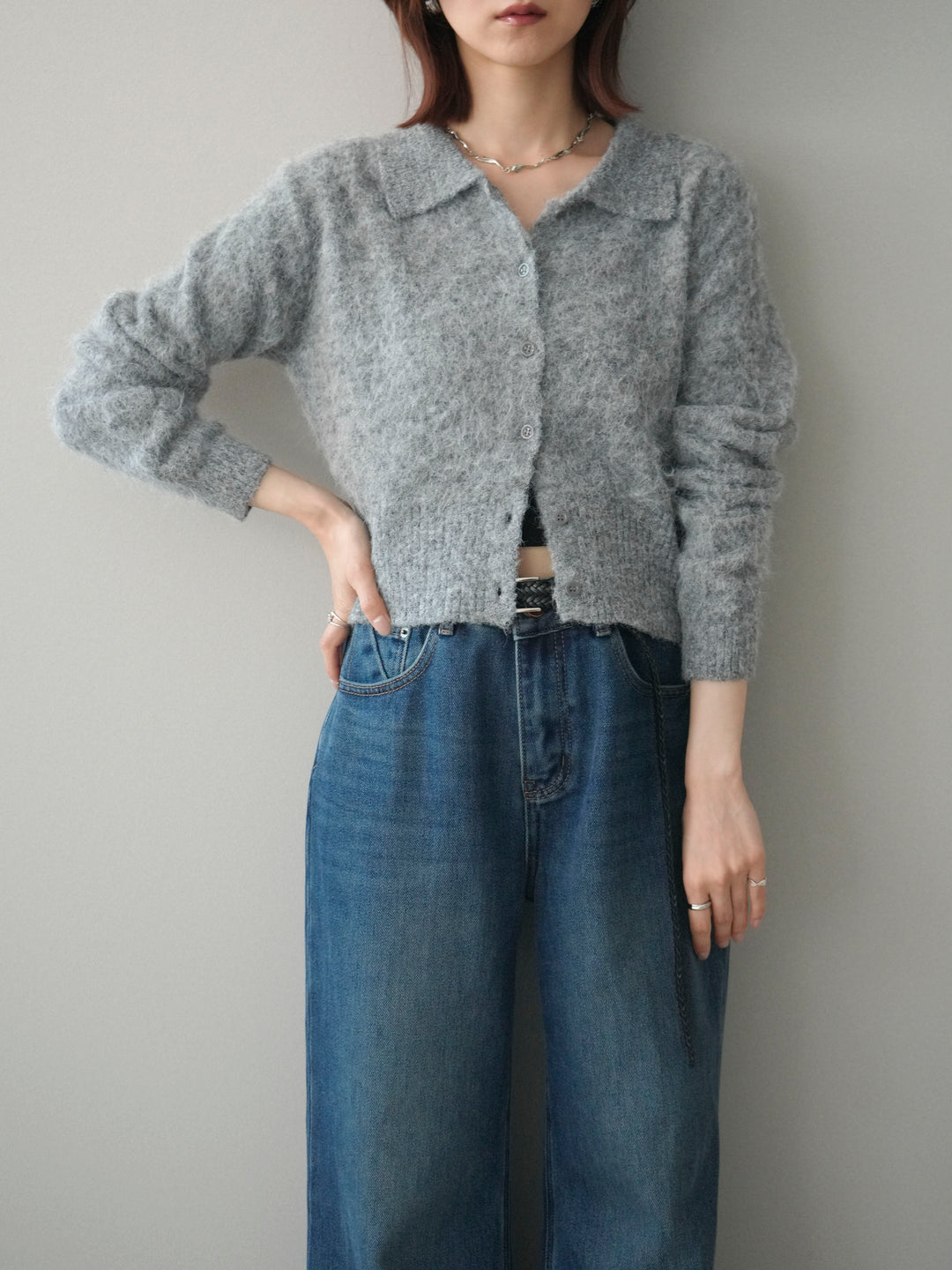 [SET]モヘア衿付きボタンプルオーバー+裏起毛裾フリンジワイドデニムパンツ(2set)