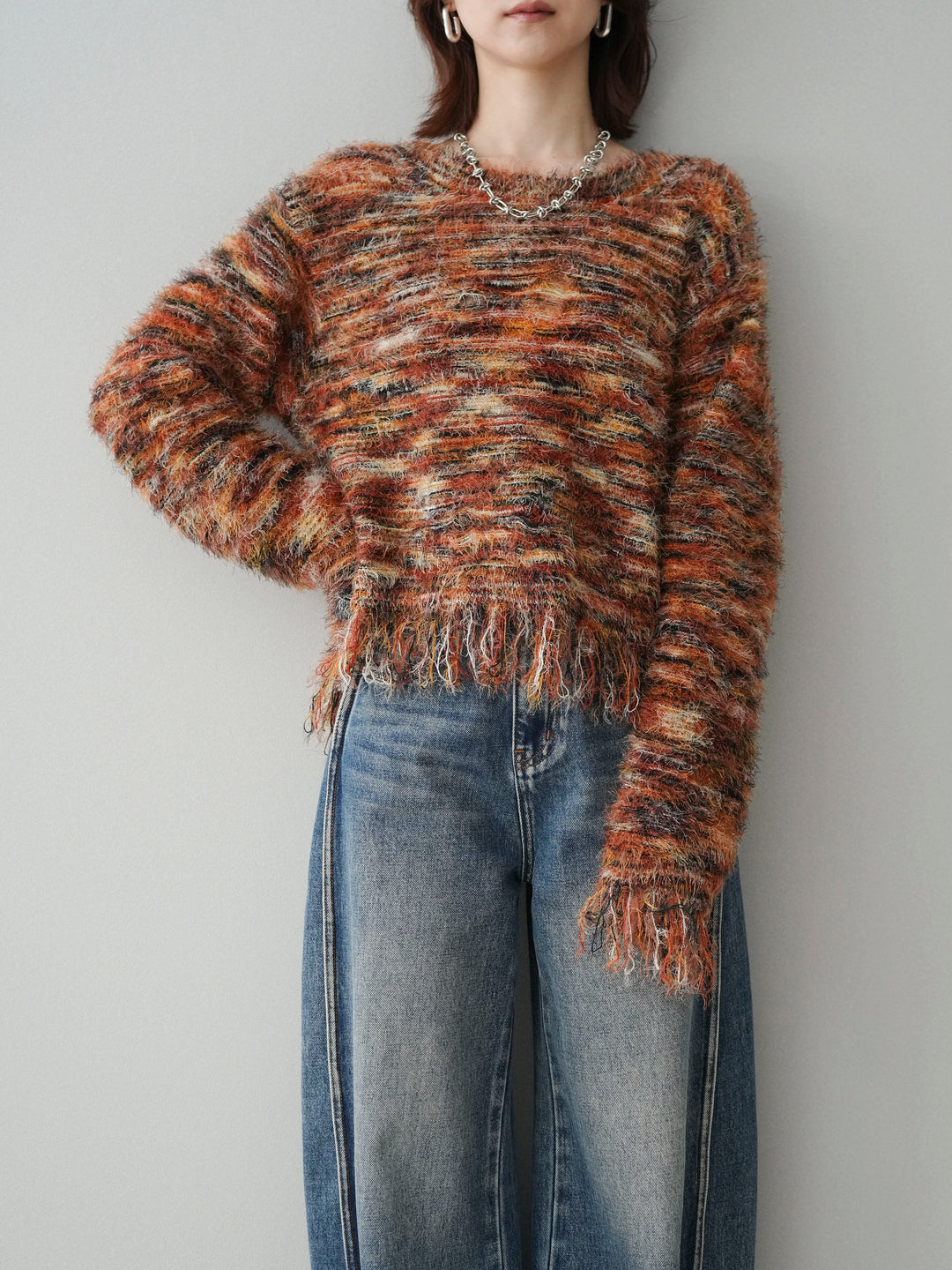 [予約]裾フリンジミックスヤーンシャギープルオーバー/orange