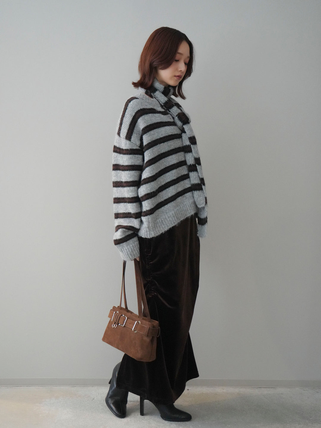 [SET]ボウタイ付きボーダーニットプルオーバー+ギャザーベロアスカート(2set)