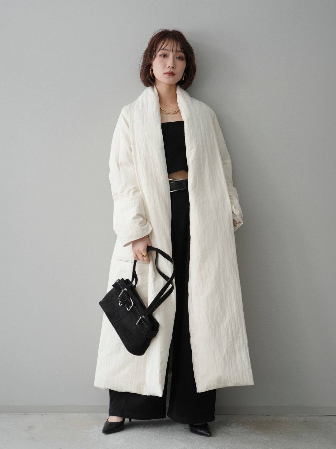 [SET]ロングダウンコート+ベルト付起毛コクーンパンツ(2set)