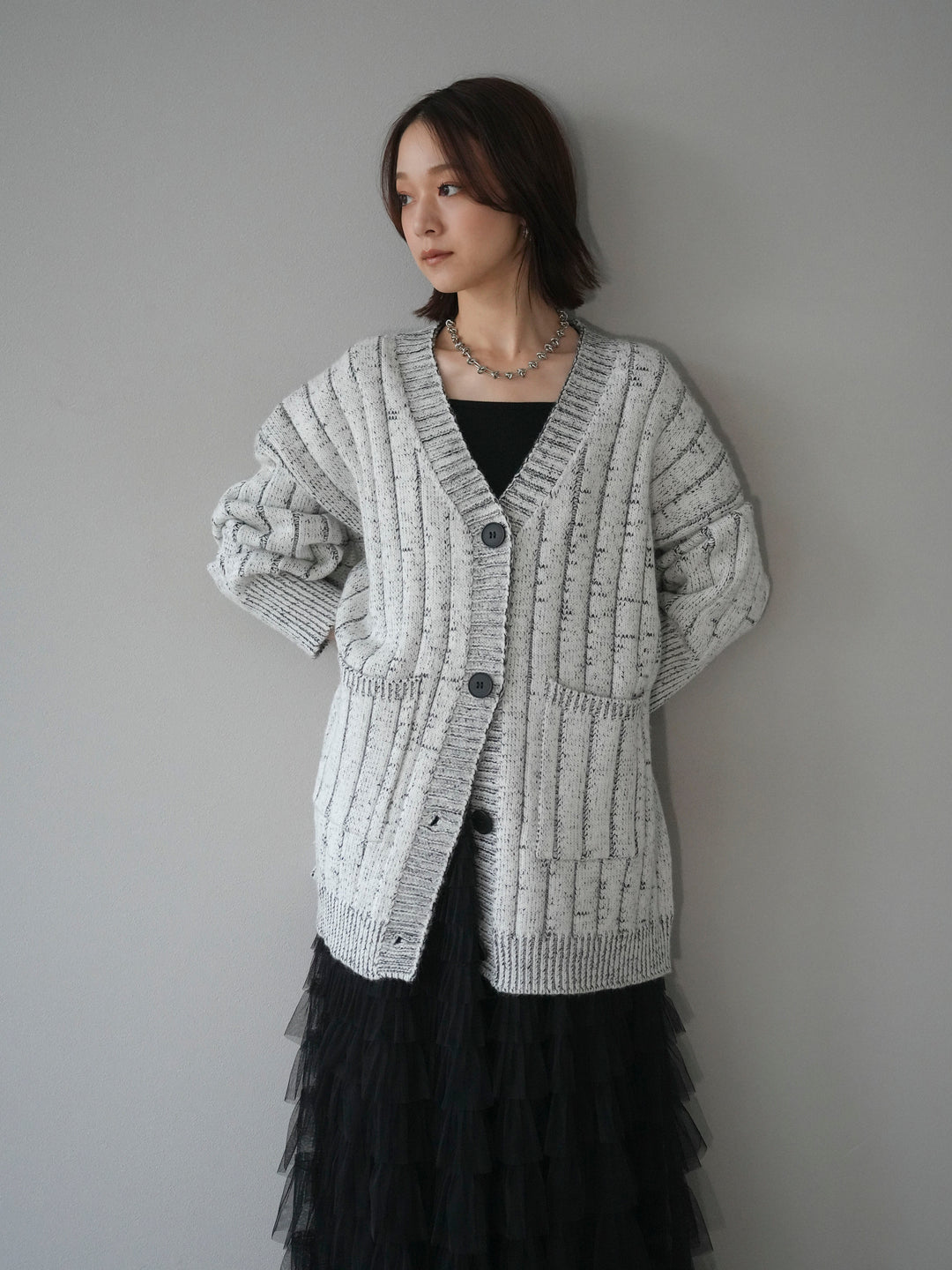 [予約]プレーティングオーバーニットカーディガン/white