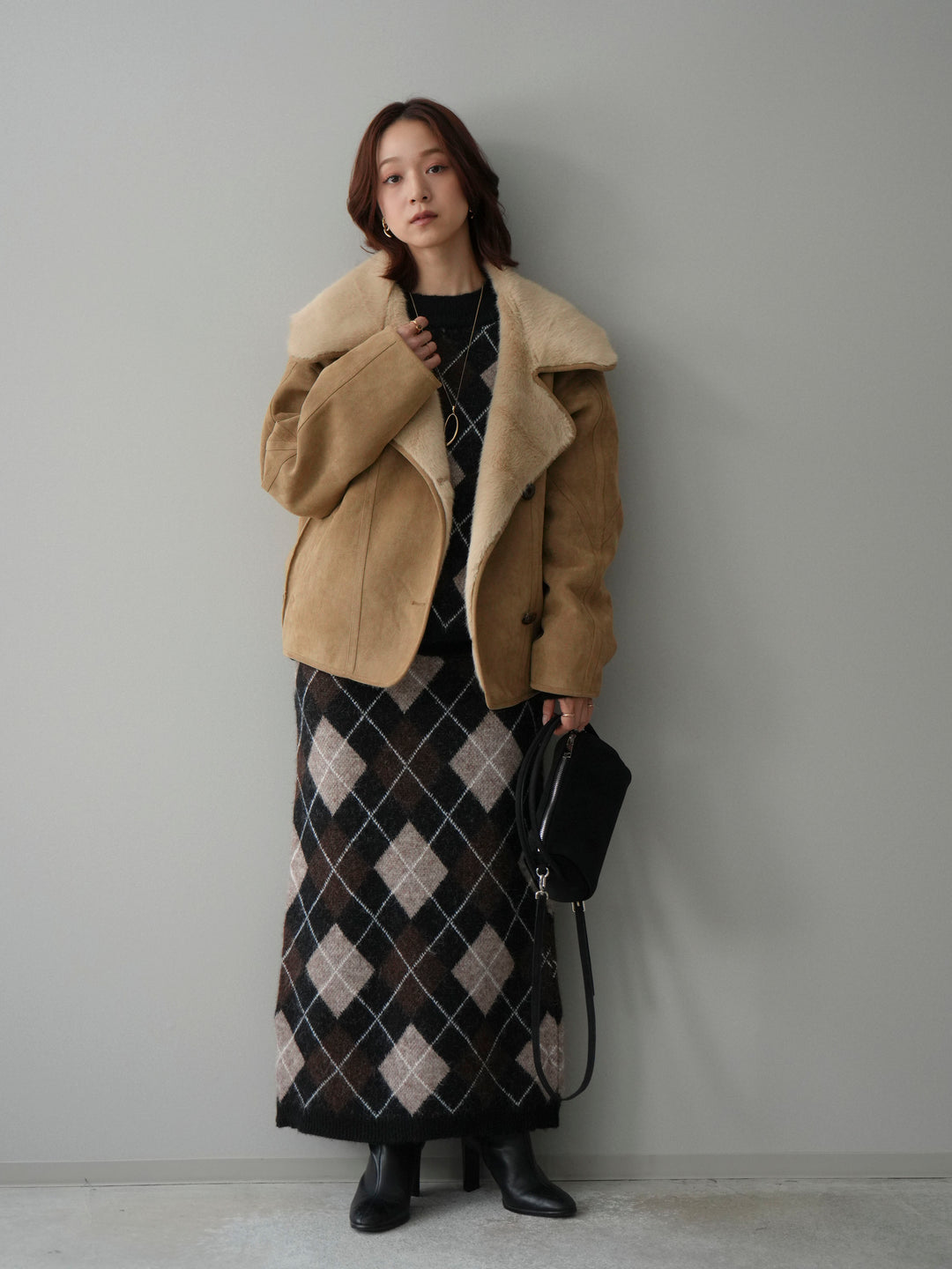 [SET]アーガイルニットプルオーバー&ロングスカートSET UP+ムートンショートジャケット(2set)