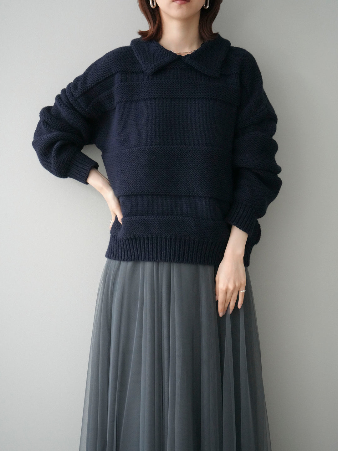 [SET]襟付きボーダー編みニットプルオーバー+チュールボリュームスカート(2set)