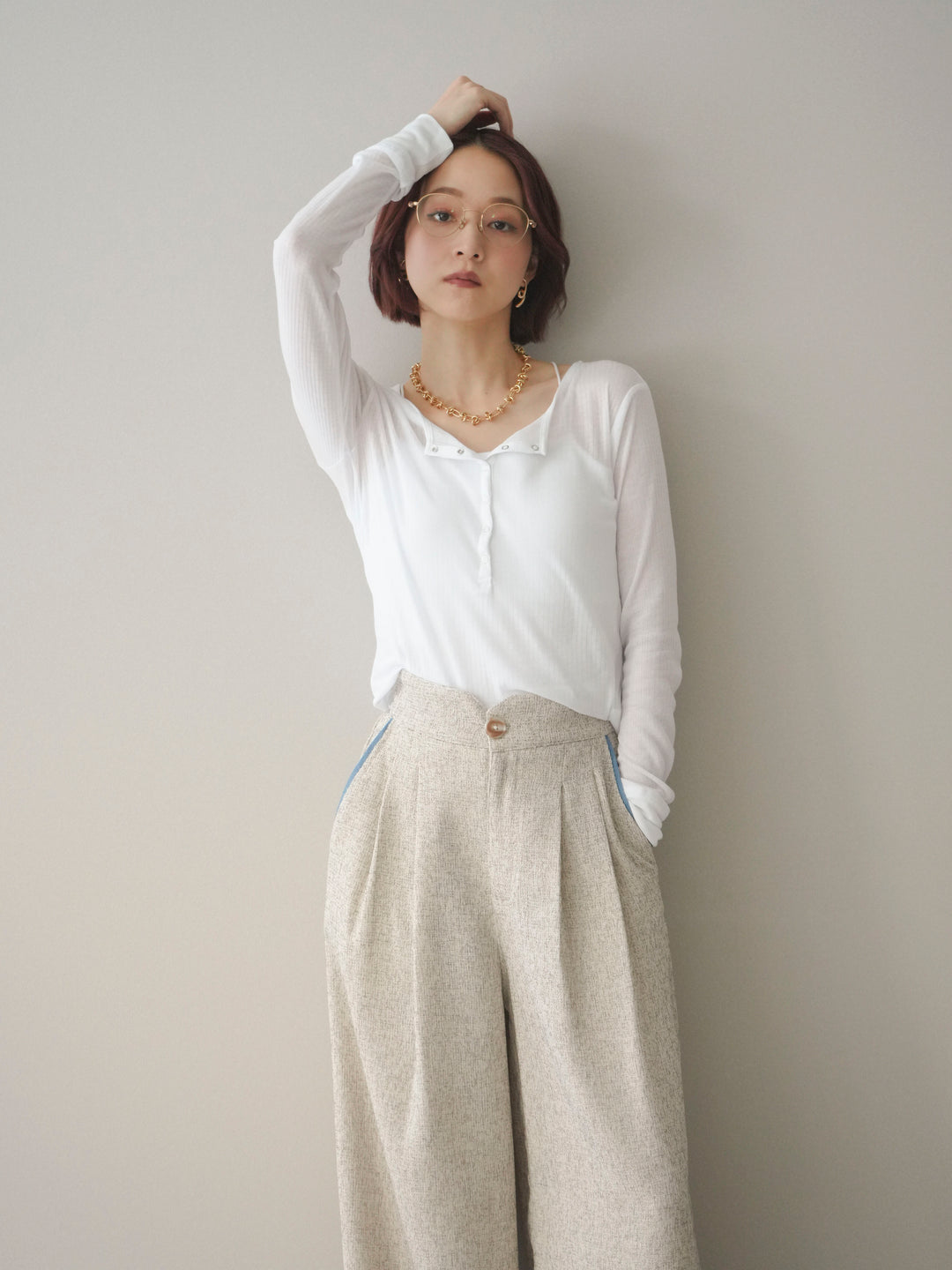 [予約]シアーリブヘンリーネックロンT/white