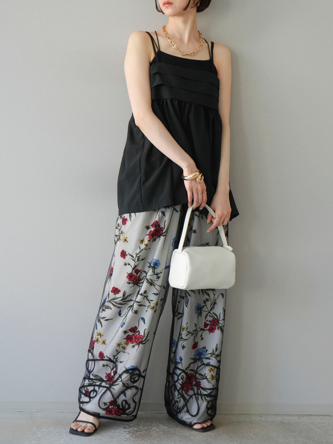 【預購】植物圖案休閒褲/米白色