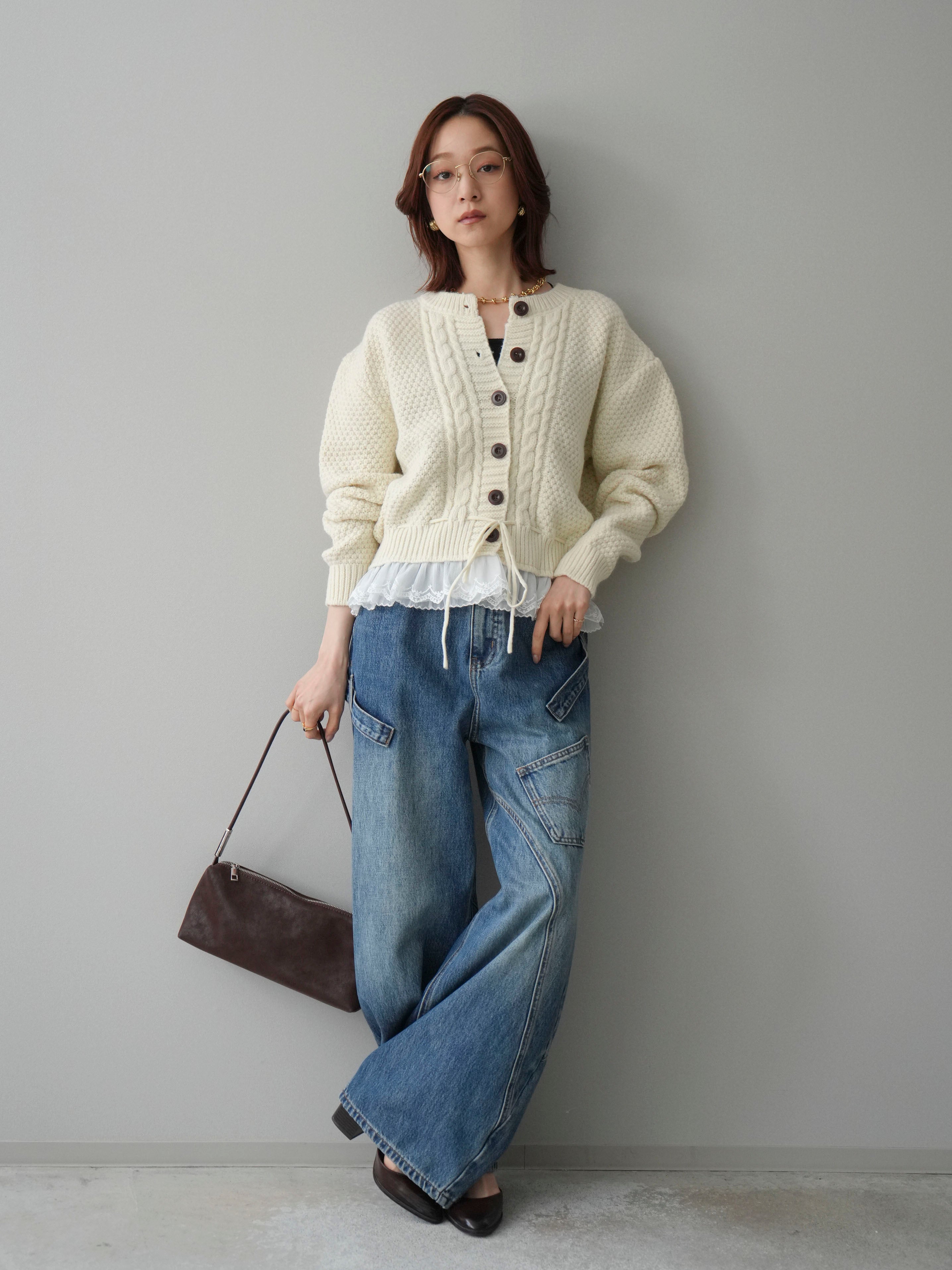 SET]裾レースケーブルニットカーディガン+ペインターカーブデニム